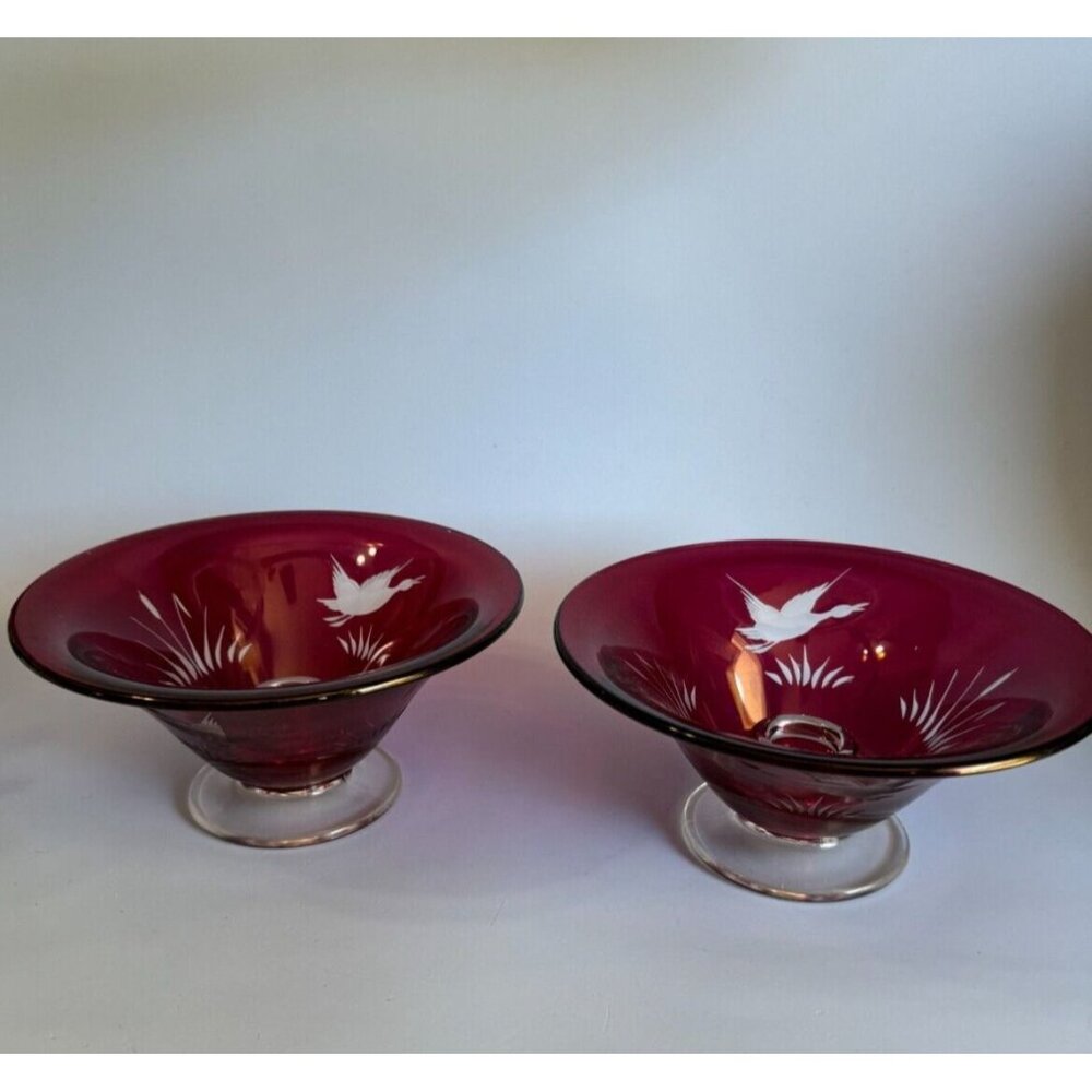 2 Vintage Heavy Red Cranberry Cut to Clear Glass Duck Cattails Candle Holders